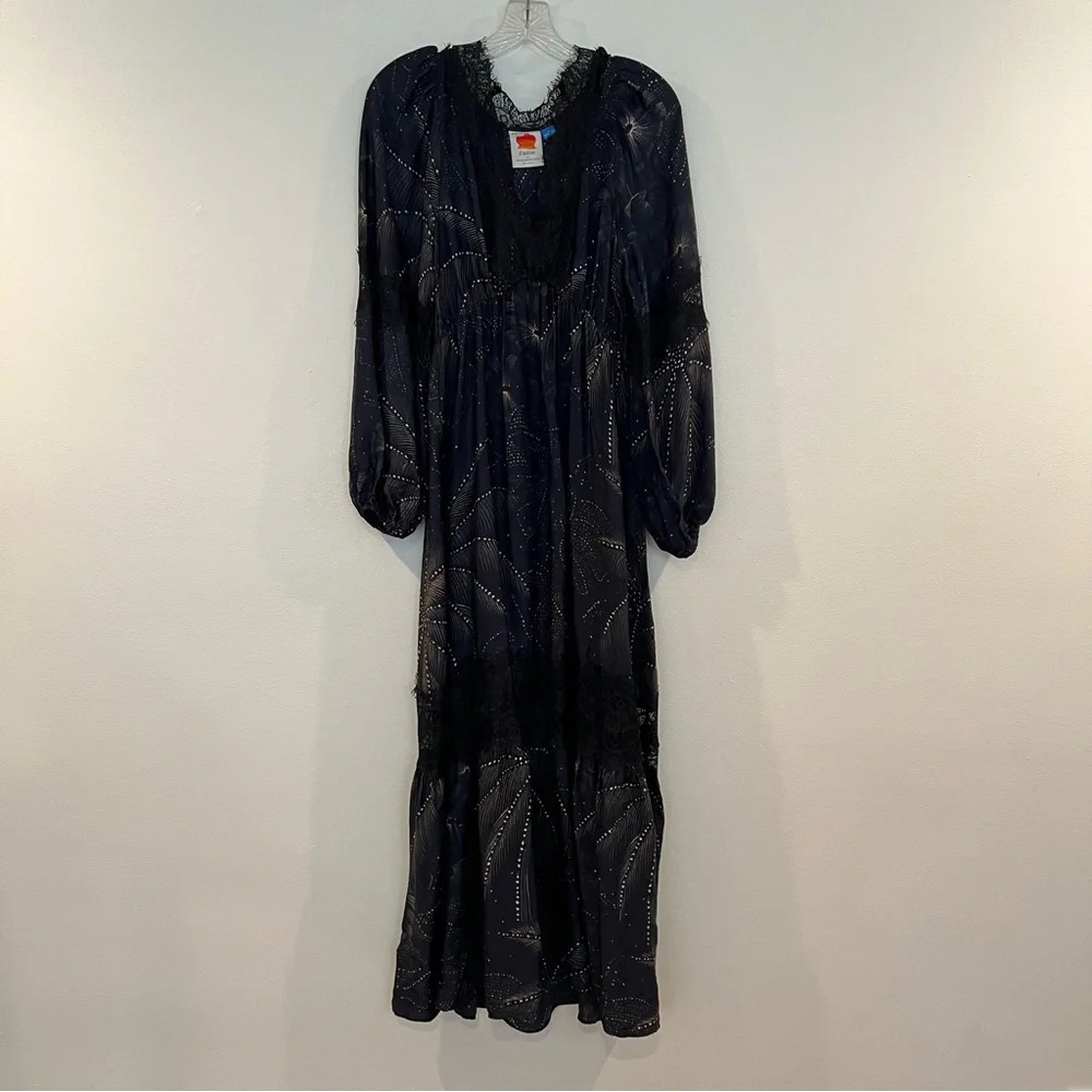 Farm Rio Black Lace Balloon Sleeve V Neck Lightweight Satin Maxi Dress Small - Picture 3 of 9